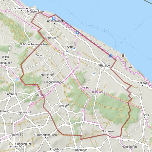 Zemljevid v pomanjšavi "Raziščite podeželske poti v bližini Bodenskega jezera" kolesarske inspiracije v Ostschweiz, Switzerland. Generirano z načrtovalcem kolesarskih poti Tarmacs.app