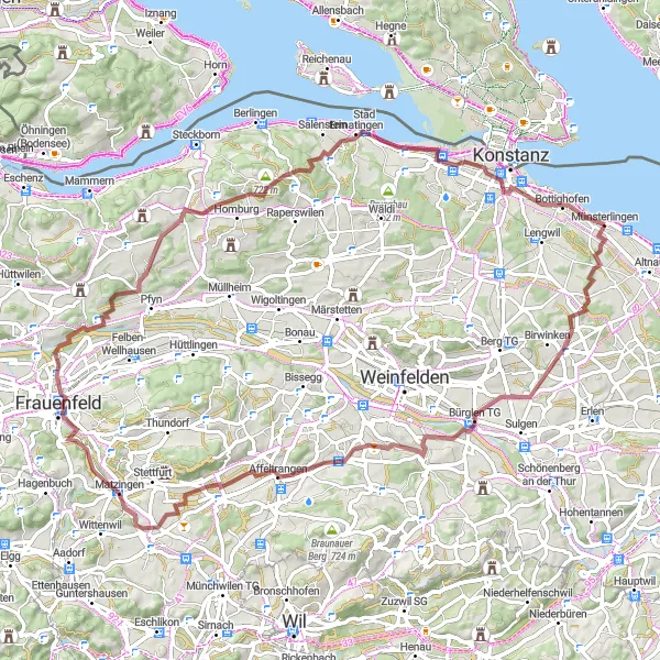 Zemljevid v pomanjšavi "Gravelska avantura med griči in jasami" kolesarske inspiracije v Ostschweiz, Switzerland. Generirano z načrtovalcem kolesarskih poti Tarmacs.app