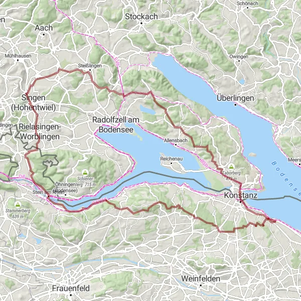 Miniature de la carte de l'inspiration cycliste "Le Rhin et le Haut Danube" dans la Ostschweiz, Switzerland. Générée par le planificateur d'itinéraire cycliste Tarmacs.app