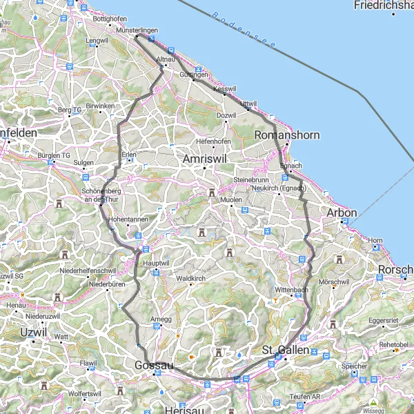 Miniatura della mappa di ispirazione al ciclismo "Giro Panoramico in Bicicletta tra Bodensee e Langrickenbach" nella regione di Ostschweiz, Switzerland. Generata da Tarmacs.app, pianificatore di rotte ciclistiche