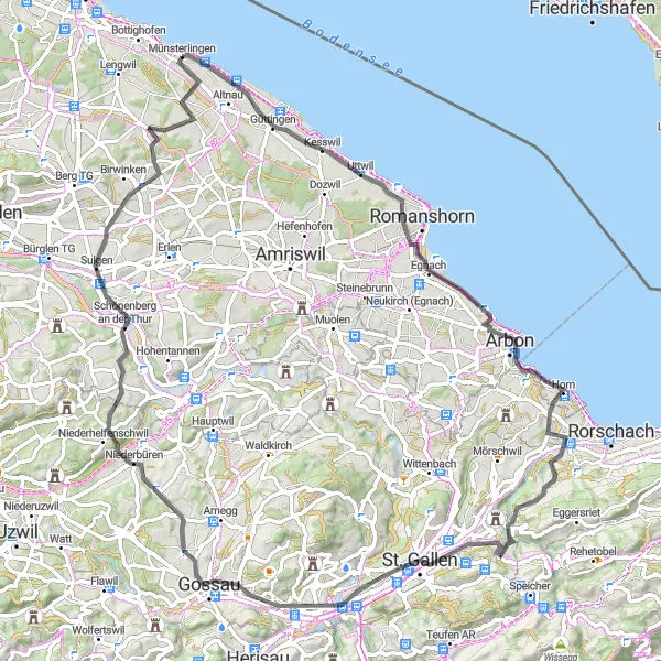 Miniature de la carte de l'inspiration cycliste "Tour du lac de Constance" dans la Ostschweiz, Switzerland. Générée par le planificateur d'itinéraire cycliste Tarmacs.app