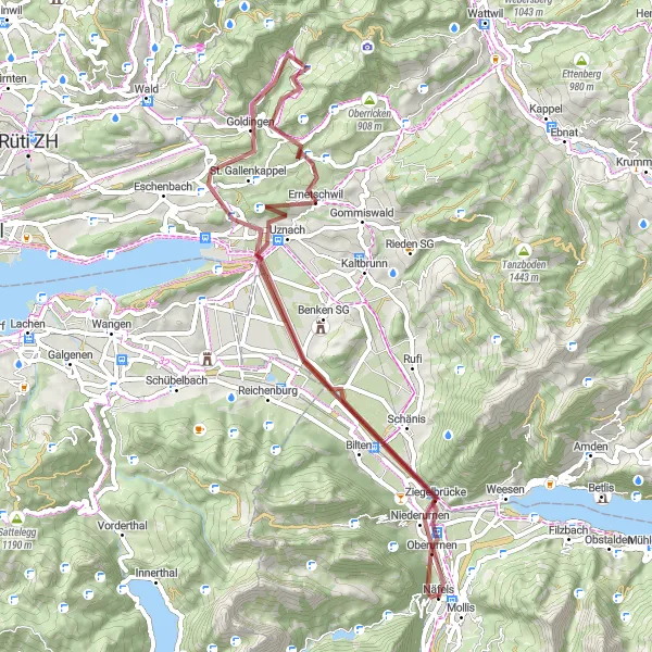 Miniatura della mappa di ispirazione al ciclismo "Avventura in bicicletta da Näfels a Bilten attraverso Biberlichopf, Benkner Büchel, Ernetschwil, Chopf, Goldingen" nella regione di Ostschweiz, Switzerland. Generata da Tarmacs.app, pianificatore di rotte ciclistiche