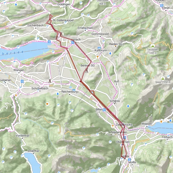 Miniatura della mappa di ispirazione al ciclismo "Percorso in bicicletta fuoristrada da Näfels a Oberurnen" nella regione di Ostschweiz, Switzerland. Generata da Tarmacs.app, pianificatore di rotte ciclistiche