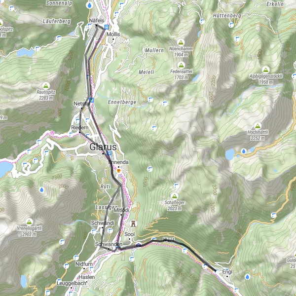Miniatua del mapa de inspiración ciclista "Ruta ciclista desde Näfels a través de Ennenda, Schwanden, Glarus y Mollis" en Ostschweiz, Switzerland. Generado por Tarmacs.app planificador de rutas ciclistas
