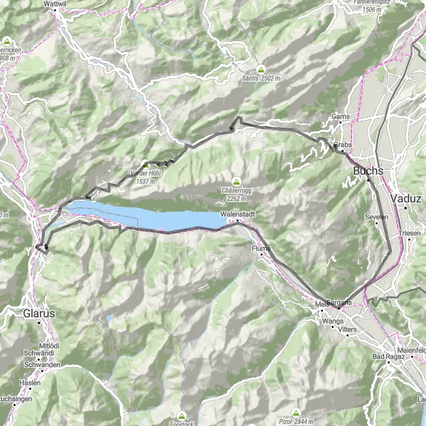 Miniaturní mapa "Silniční cyklotrasa s výškovým metrem 2059 m a vzdáleností 101 km" inspirace pro cyklisty v oblasti Ostschweiz, Switzerland. Vytvořeno pomocí plánovače tras Tarmacs.app