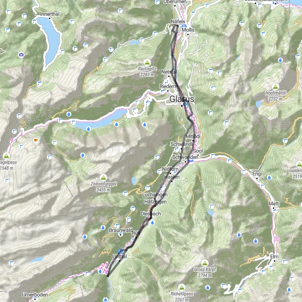 Miniaturekort af cykelinspirationen "Landevejscykelrute fra Näfels til Niederberg" i Ostschweiz, Switzerland. Genereret af Tarmacs.app cykelruteplanlægger