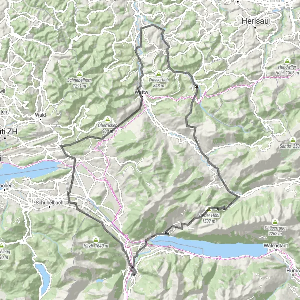 Map miniature of "St. Gallenkappel Road Adventure" cycling inspiration in Ostschweiz, Switzerland. Generated by Tarmacs.app cycling route planner