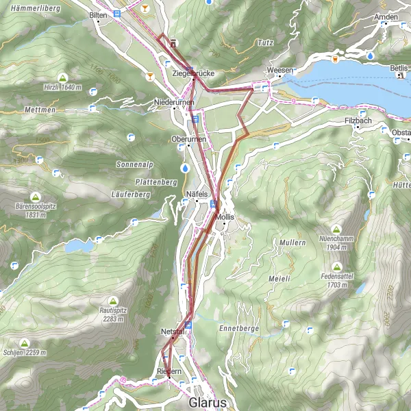 Kartminiatyr av "Grusvei sykkeltur til Näfels og Biberlichopf" sykkelinspirasjon i Ostschweiz, Switzerland. Generert av Tarmacs.app sykkelrutoplanlegger