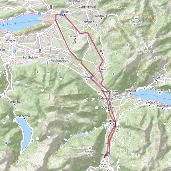 Miniatua del mapa de inspiración ciclista "Ruta de ciclismo de gravilla Biberlichopf-Mollis" en Ostschweiz, Switzerland. Generado por Tarmacs.app planificador de rutas ciclistas