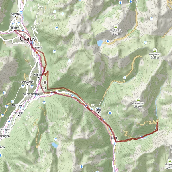 Kartminiatyr av "Oppdag Glarus og Ennenda på grusveier" sykkelinspirasjon i Ostschweiz, Switzerland. Generert av Tarmacs.app sykkelrutoplanlegger