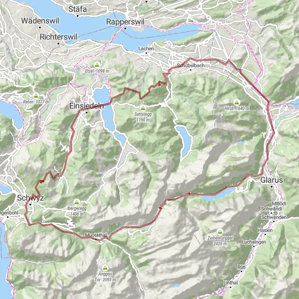 Map miniature of "The Ultimate Gravel Challenge: Glarus to Einsiedeln" cycling inspiration in Ostschweiz, Switzerland. Generated by Tarmacs.app cycling route planner