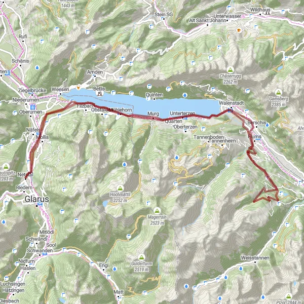 Miniatua del mapa de inspiración ciclista "Explorando Walensee y Chapfensee" en Ostschweiz, Switzerland. Generado por Tarmacs.app planificador de rutas ciclistas