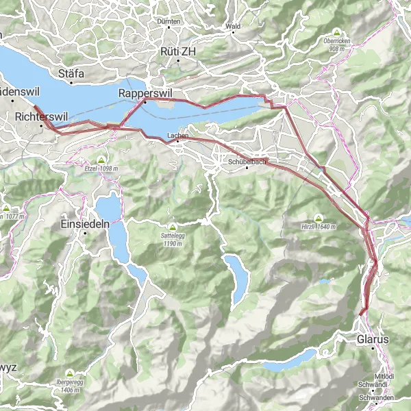 Map miniature of "Netstal - Reichenburg - Lachner Aahorn Turm - Freienbach - Wollerau - Lindenhof - Schmerikon - Benkner Büchel - Biberlichopf - Mollis" cycling inspiration in Ostschweiz, Switzerland. Generated by Tarmacs.app cycling route planner