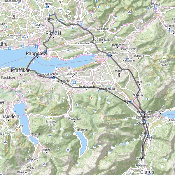 Zemljevid v pomanjšavi "Pot skozi dolino Linth" kolesarske inspiracije v Ostschweiz, Switzerland. Generirano z načrtovalcem kolesarskih poti Tarmacs.app