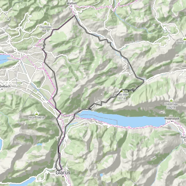 Map miniature of "The Glarus Adventure" cycling inspiration in Ostschweiz, Switzerland. Generated by Tarmacs.app cycling route planner