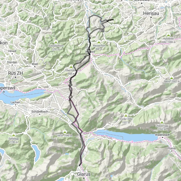 Miniaturní mapa "Prostředně těžká cyklistická trasa z Netstalu" inspirace pro cyklisty v oblasti Ostschweiz, Switzerland. Vytvořeno pomocí plánovače tras Tarmacs.app