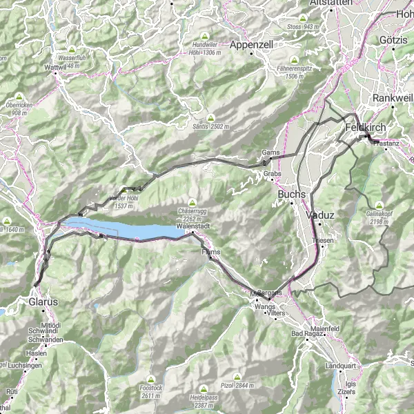 Zemljevid v pomanjšavi "Razgibana cestna kolesarska tura skozi vzhodno Švico" kolesarske inspiracije v Ostschweiz, Switzerland. Generirano z načrtovalcem kolesarskih poti Tarmacs.app