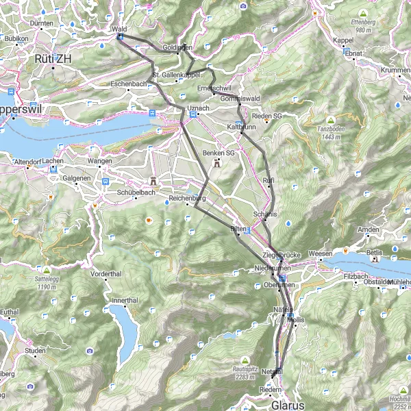 Map miniature of "Netstal - Näfels - Reichenburg - Wald - Ernetschwil - Biberlichopf - Ziegelbrücke - Mollis" cycling inspiration in Ostschweiz, Switzerland. Generated by Tarmacs.app cycling route planner