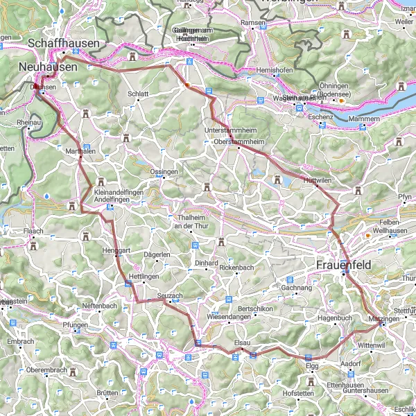 Miniaturní mapa "Gravel okruh přes Švýcarské vodopády" inspirace pro cyklisty v oblasti Ostschweiz, Switzerland. Vytvořeno pomocí plánovače tras Tarmacs.app