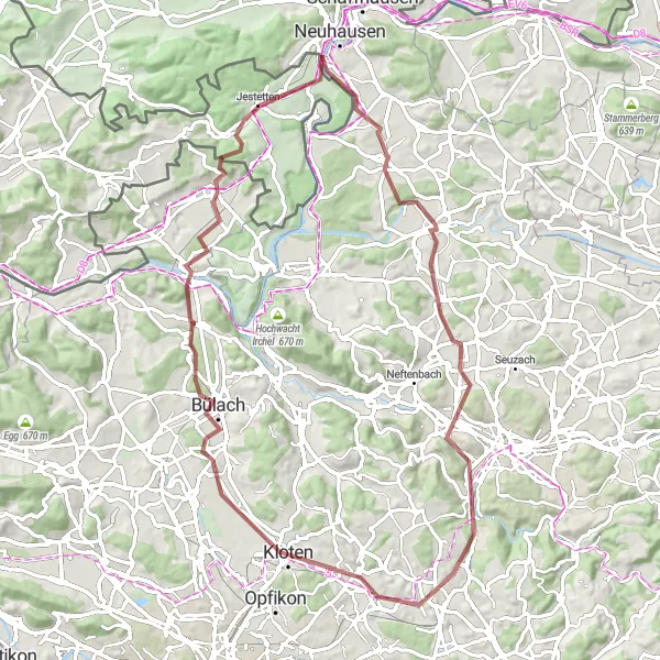 Miniaturekort af cykelinspirationen "Grusvejscykelrute til Andelfingen og Bülach" i Ostschweiz, Switzerland. Genereret af Tarmacs.app cykelruteplanlægger