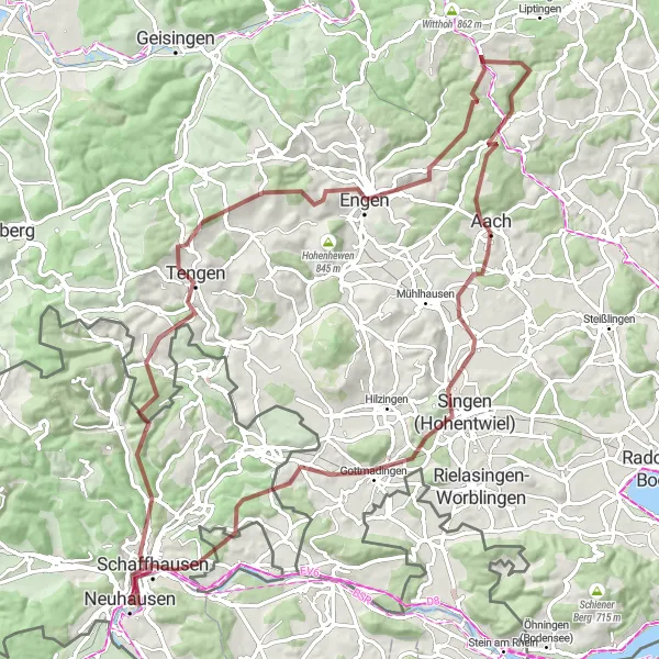 Mapa miniatúra "Okruh na gravel pri Neuhausen" cyklistická inšpirácia v Ostschweiz, Switzerland. Vygenerované cyklistickým plánovačom trás Tarmacs.app