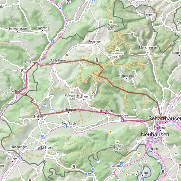 Miniaturní mapa "Gravel okruh kolem Schaffhausenu" inspirace pro cyklisty v oblasti Ostschweiz, Switzerland. Vytvořeno pomocí plánovače tras Tarmacs.app