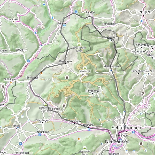 Miniature de la carte de l'inspiration cycliste "Boucle de Schleitheim" dans la Ostschweiz, Switzerland. Générée par le planificateur d'itinéraire cycliste Tarmacs.app