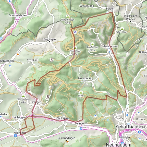 Miniatura della mappa di ispirazione al ciclismo "Escursione in Gravel da Neunkirch a Gächlingen" nella regione di Ostschweiz, Switzerland. Generata da Tarmacs.app, pianificatore di rotte ciclistiche