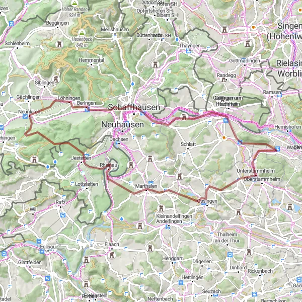 Zemljevid v pomanjšavi "Gorsko kolesarjenje Neunkirch – Schaffhausen – Jestetten" kolesarske inspiracije v Ostschweiz, Switzerland. Generirano z načrtovalcem kolesarskih poti Tarmacs.app