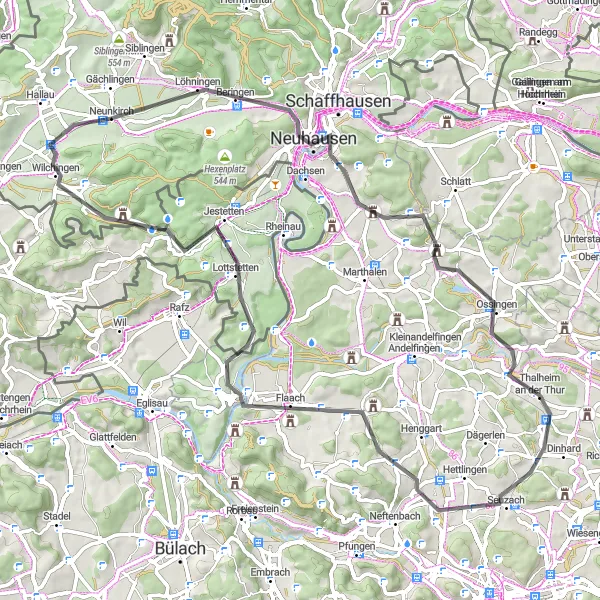 Miniatura della mappa di ispirazione al ciclismo "Percorso in Bicicletta su Strada da Neunkirch a Wilchingen" nella regione di Ostschweiz, Switzerland. Generata da Tarmacs.app, pianificatore di rotte ciclistiche