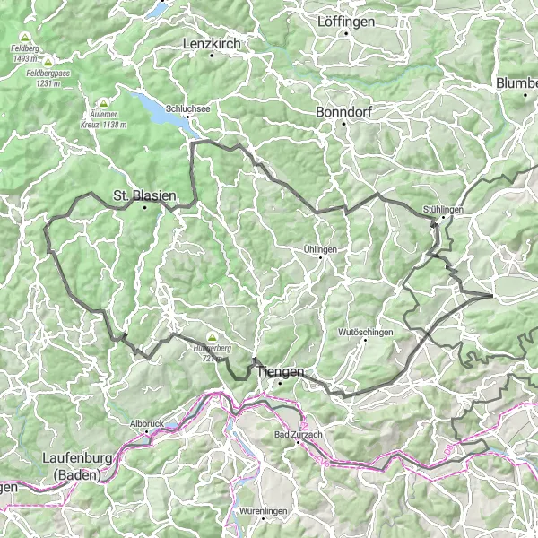 Kartminiatyr av "Utmanande cykeltur till Stühlingen och tillbaka" cykelinspiration i Ostschweiz, Switzerland. Genererad av Tarmacs.app cykelruttplanerare