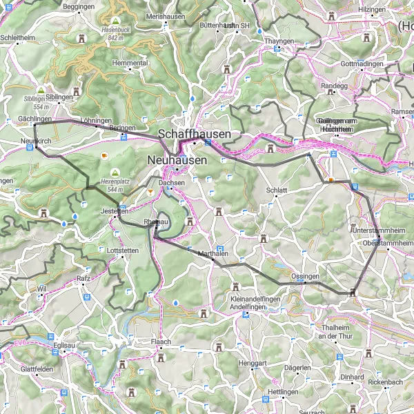 Zemljevid v pomanjšavi "Cestno kolesarjenje Neunkirch – Jestetten" kolesarske inspiracije v Ostschweiz, Switzerland. Generirano z načrtovalcem kolesarskih poti Tarmacs.app