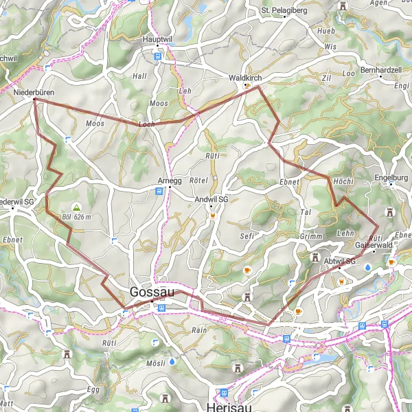 Miniaturní mapa "Zelená cyklotrasa skrz Gossau" inspirace pro cyklisty v oblasti Ostschweiz, Switzerland. Vytvořeno pomocí plánovače tras Tarmacs.app