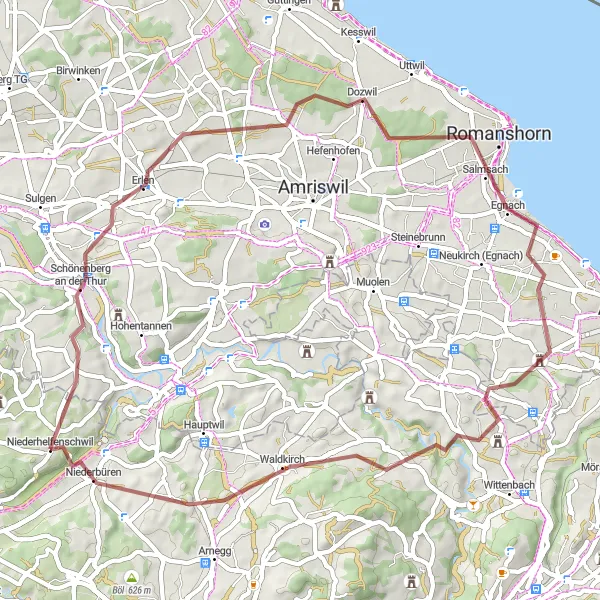 Kartminiatyr av "Utforske Erlen, Dozwil, Salmsach, Kybun-tårnet og Niederbüren" sykkelinspirasjon i Ostschweiz, Switzerland. Generert av Tarmacs.app sykkelrutoplanlegger