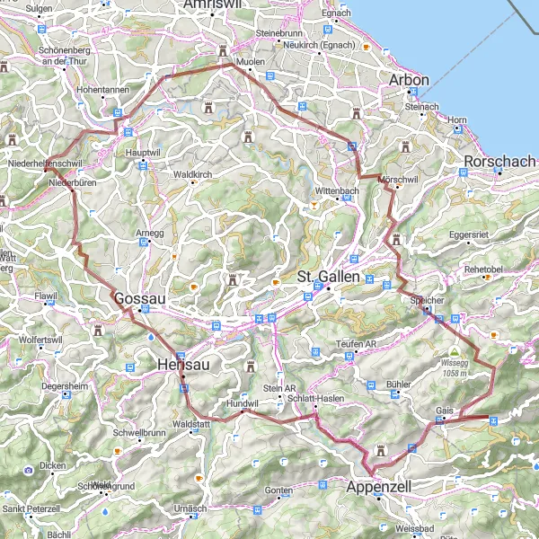 Kartminiatyr av "Grusveier og Glimrende Utsikter" sykkelinspirasjon i Ostschweiz, Switzerland. Generert av Tarmacs.app sykkelrutoplanlegger