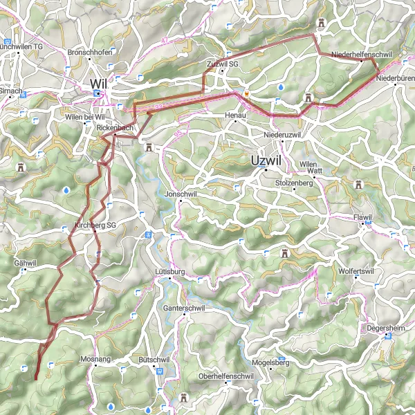 Miniaturní mapa "Gravel Cyklotrasa Niederhelfenschwil" inspirace pro cyklisty v oblasti Ostschweiz, Switzerland. Vytvořeno pomocí plánovače tras Tarmacs.app