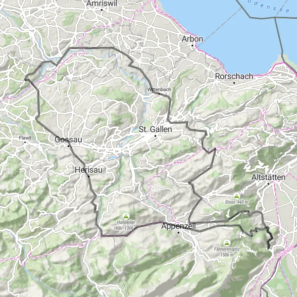 Miniatua del mapa de inspiración ciclista "Ruta panorámica a Appenzell" en Ostschweiz, Switzerland. Generado por Tarmacs.app planificador de rutas ciclistas