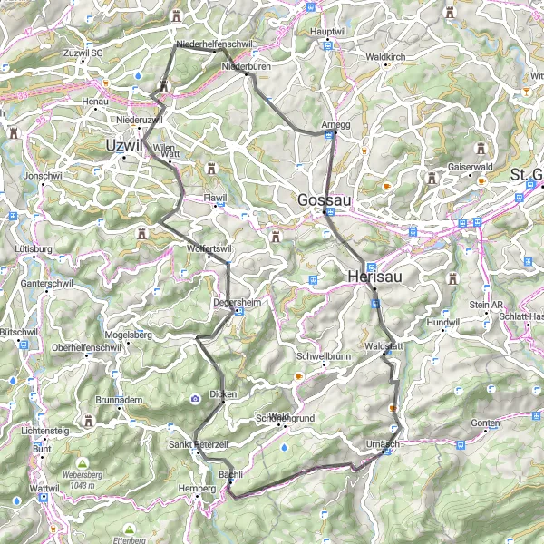 Miniatura della mappa di ispirazione al ciclismo "Giro in bicicletta da Niederhelfenschwil a Geissberg" nella regione di Ostschweiz, Switzerland. Generata da Tarmacs.app, pianificatore di rotte ciclistiche