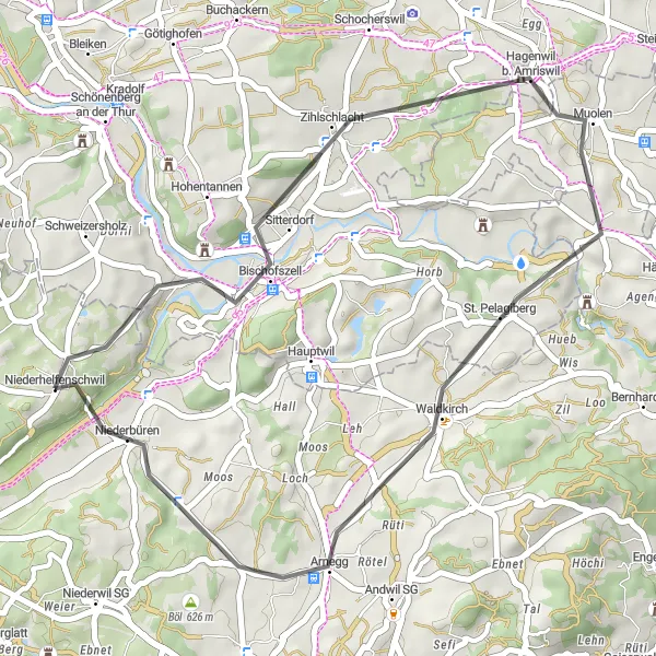 Miniatua del mapa de inspiración ciclista "Ruta en carretera a través de Waldkirch y Niederbüren" en Ostschweiz, Switzerland. Generado por Tarmacs.app planificador de rutas ciclistas