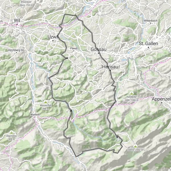 Miniaturekort af cykelinspirationen "Alperuten gennem Appenzellerland" i Ostschweiz, Switzerland. Genereret af Tarmacs.app cykelruteplanlægger