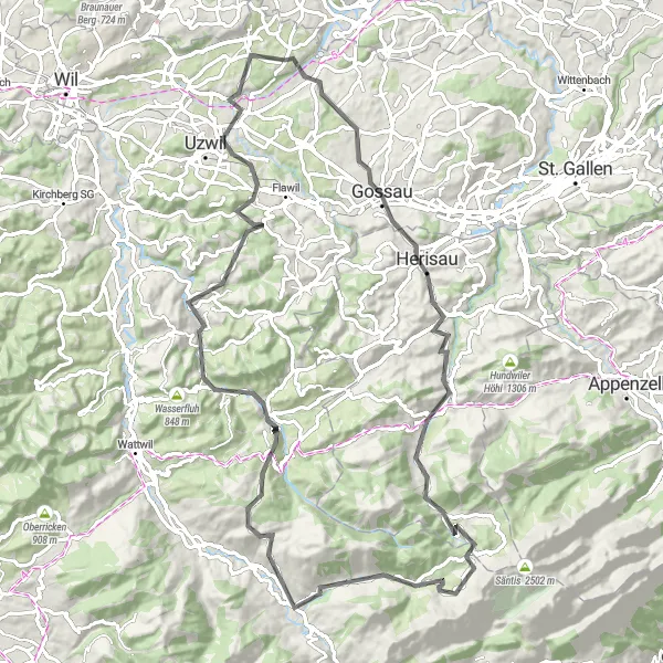 Kartminiatyr av "Herisau och Brunnadern Cykelrutt" cykelinspiration i Ostschweiz, Switzerland. Genererad av Tarmacs.app cykelruttplanerare