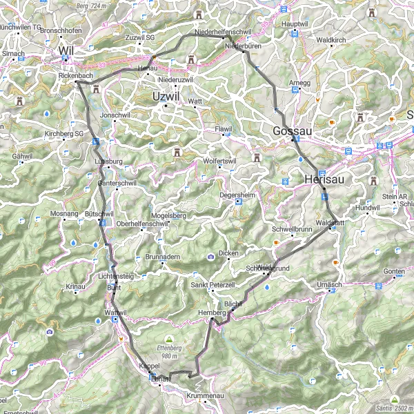 Miniatura della mappa di ispirazione al ciclismo "Giro in bicicletta da Niederhelfenschwil" nella regione di Ostschweiz, Switzerland. Generata da Tarmacs.app, pianificatore di rotte ciclistiche