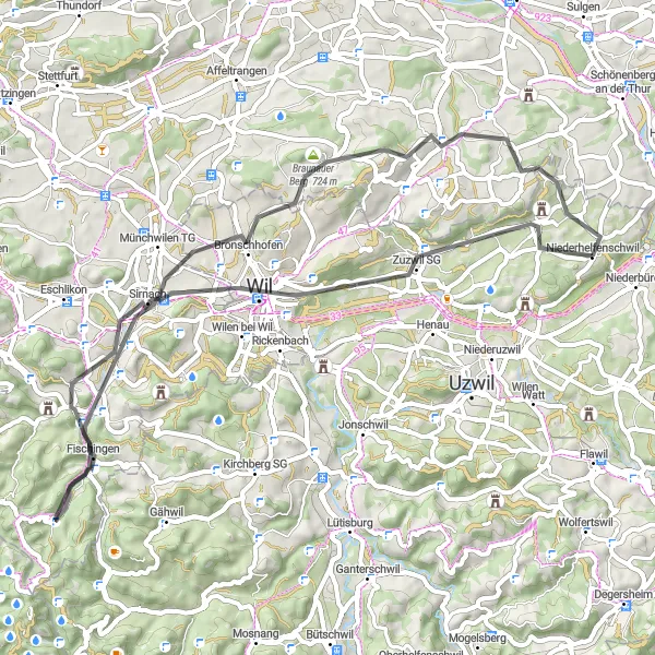 Mapa miniatúra "Cyklotúra cez Braunau a Fischingen" cyklistická inšpirácia v Ostschweiz, Switzerland. Vygenerované cyklistickým plánovačom trás Tarmacs.app