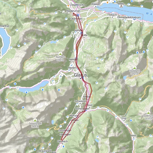 Miniaturní mapa "Gravel okruh přes Mollis a Mitlödi" inspirace pro cyklisty v oblasti Ostschweiz, Switzerland. Vytvořeno pomocí plánovače tras Tarmacs.app