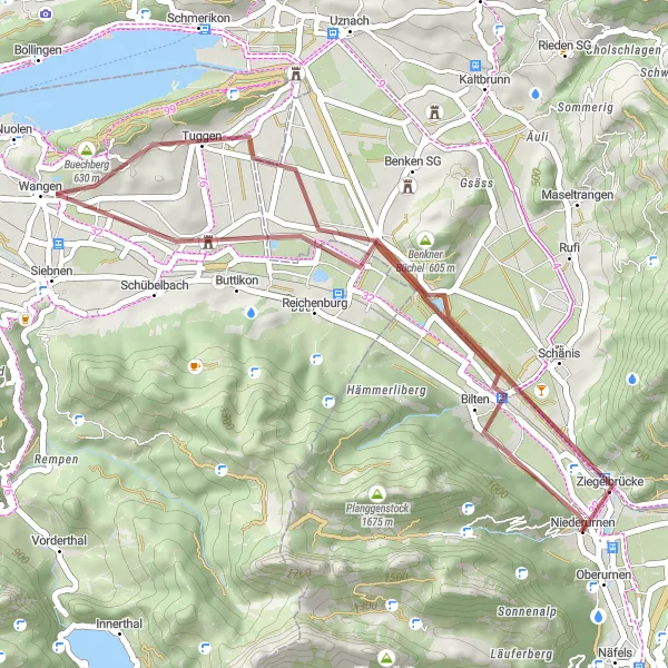 Zemljevid v pomanjšavi "Gravel route from Niederurnen to Tuggen and Ziegelbrücke" kolesarske inspiracije v Ostschweiz, Switzerland. Generirano z načrtovalcem kolesarskih poti Tarmacs.app