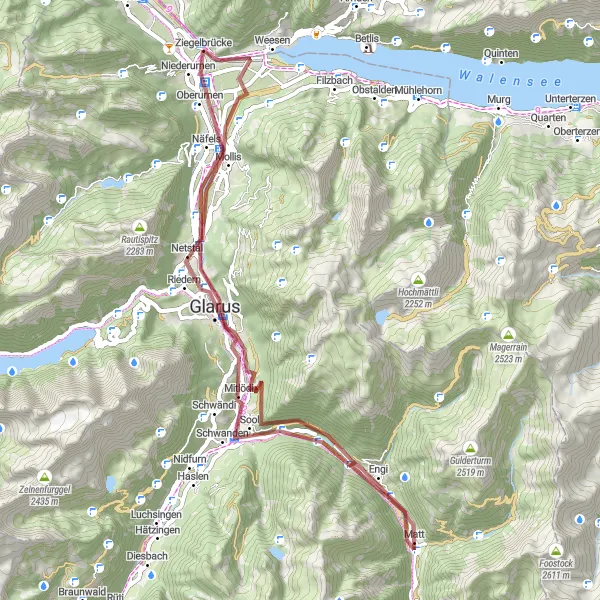 Zemljevid v pomanjšavi "Scenic gravel route from Niederurnen to Glarus and Matt" kolesarske inspiracije v Ostschweiz, Switzerland. Generirano z načrtovalcem kolesarskih poti Tarmacs.app