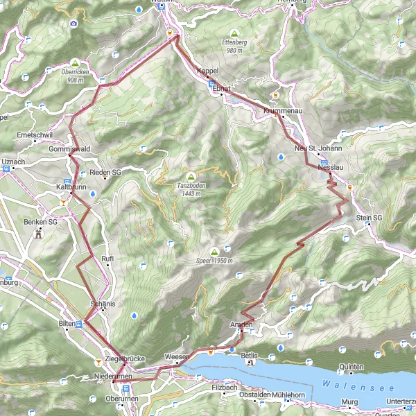 Map miniature of "Adventurous Gravel Loop through Schänis and Nesslau" cycling inspiration in Ostschweiz, Switzerland. Generated by Tarmacs.app cycling route planner