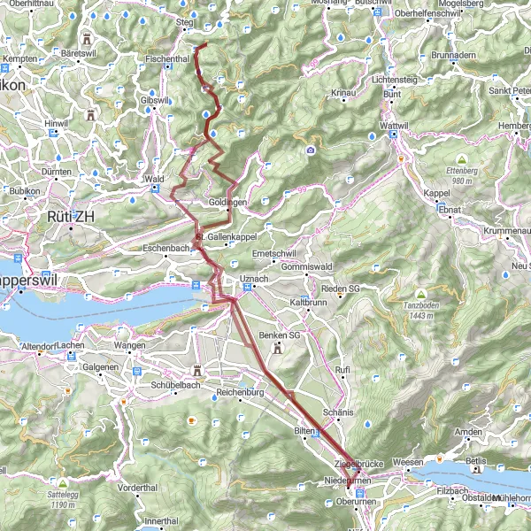Miniatua del mapa de inspiración ciclista "Ruta de Grava a Biberlichopf" en Ostschweiz, Switzerland. Generado por Tarmacs.app planificador de rutas ciclistas