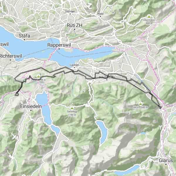 Zemljevid v pomanjšavi "Razgibana cestna kolesarska pot Bilten - Schübelbach" kolesarske inspiracije v Ostschweiz, Switzerland. Generirano z načrtovalcem kolesarskih poti Tarmacs.app