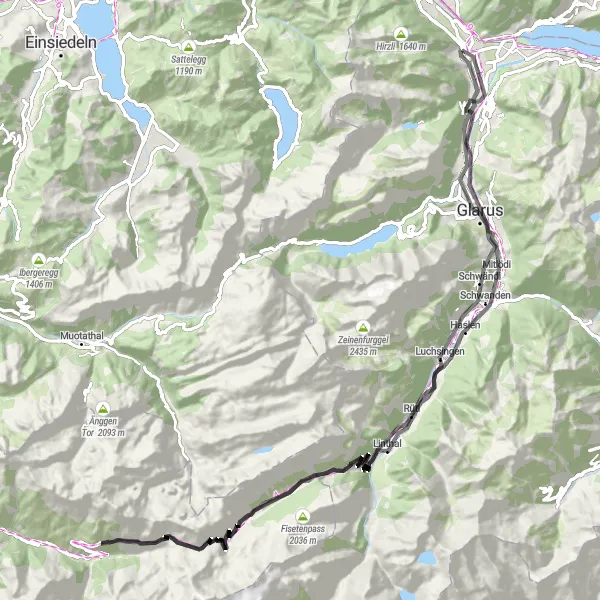 Map miniature of "Challenging Road Cycling Loop through Glarus and Vorfrutt" cycling inspiration in Ostschweiz, Switzerland. Generated by Tarmacs.app cycling route planner